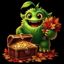 Verde-Maskottchen mit einer goldgefüllten Schatztruhe