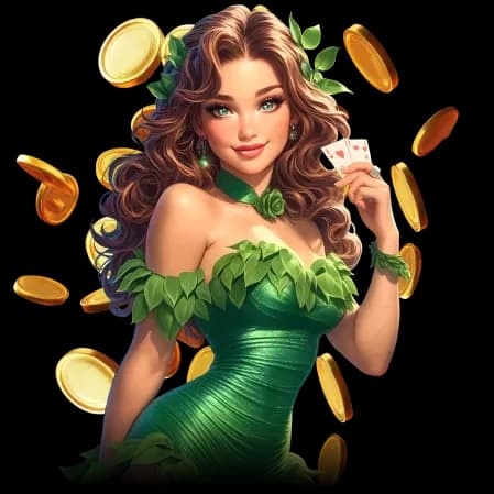 Verde-Figur mit Spielkarten und goldenen Münzen